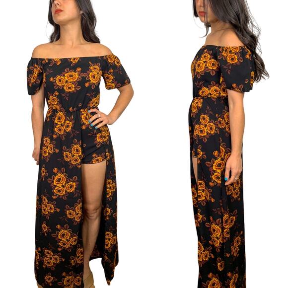 Windsor Black & Orange Off the Shoulder Maxi Romper - Picture 1 of 5